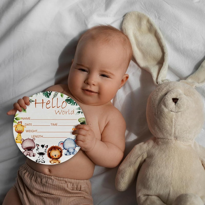 CLHHM Hello World Giraffe Yellow Elephant Birth Announcement 6" Round Birch Wood Newborn Sign for Nursery Hospital & Baby Shower, Personalized Baby Name Plaque, Keepsake Décor Gift for New Parents - Image 3